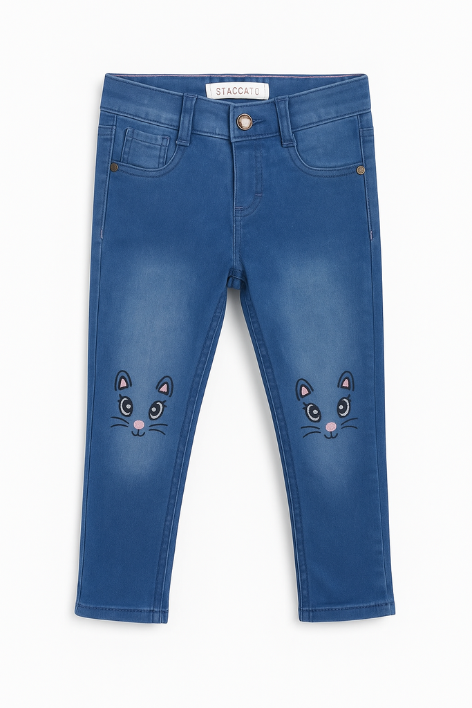 Navy Blue Stretch Jeans with Embroidered Kitty Face – Girls Denim Style