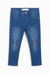 Navy Blue Stretch Jeans with Embroidered Kitty Face – Girls Denim Style