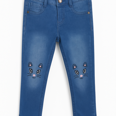 Navy Blue Stretch Jeans with Embroidered Kitty Face – Girls Denim Style