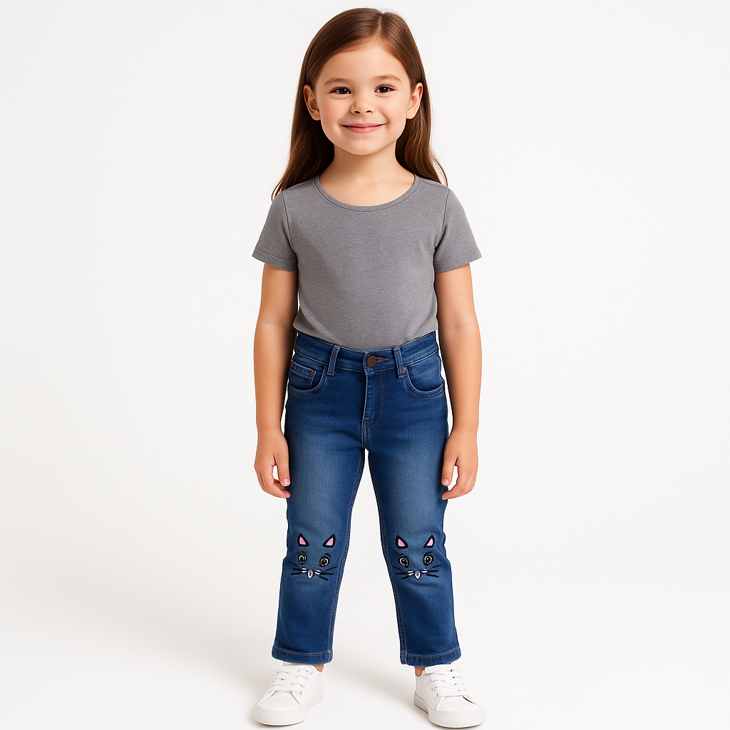 Navy Blue Stretch Jeans with Embroidered Kitty Face – Girls Denim Style