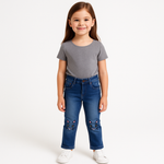 Navy Blue Stretch Jeans with Embroidered Kitty Face – Girls Denim Style