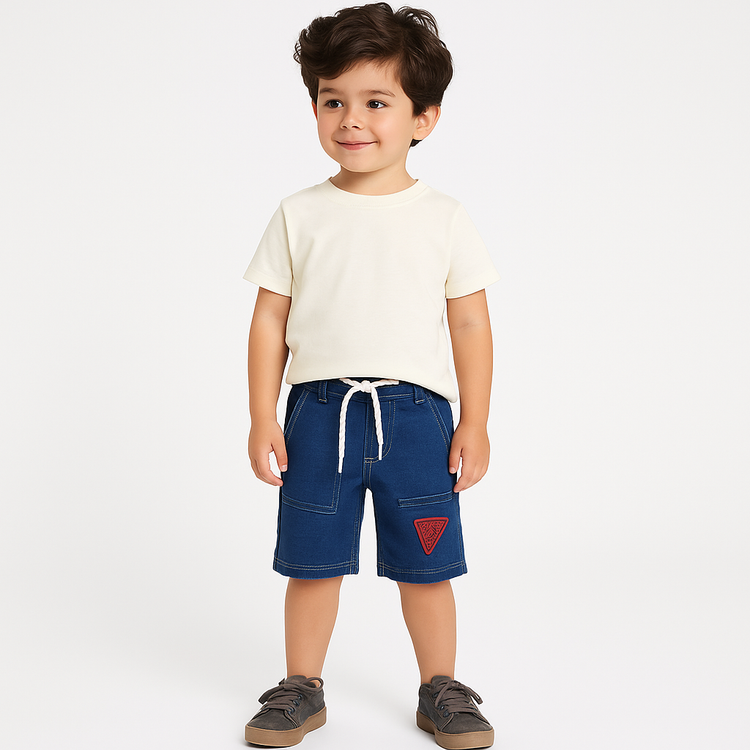 Dark Wash Denim Shorts with Drawstring & Patch – Short