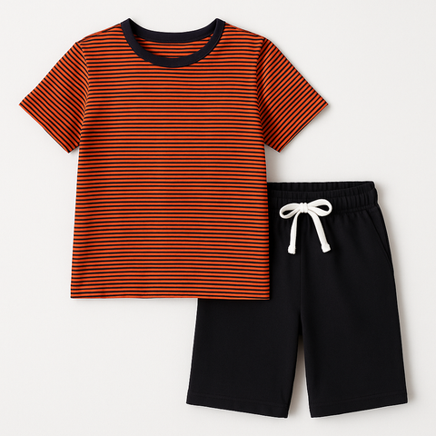 Plain Black Strip Tee &  Short Set