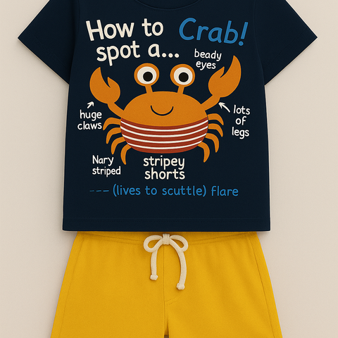 Crabby Cutie Kids Summer Set – Navy Crab Print T-Shirt & Mustard Shorts