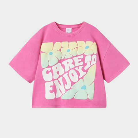 Pink Embossed Floral Care to Enjoy T-Shirt for Girls