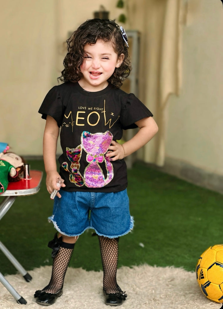 Black Sequin Cat Patch T Shirt
