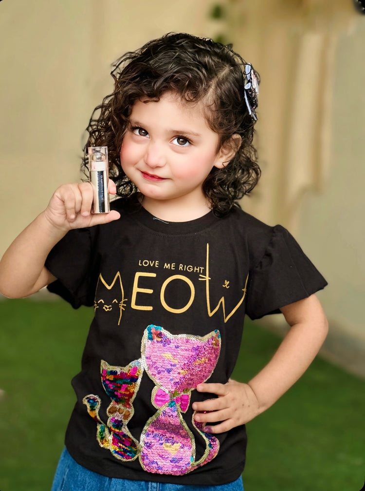 Black Sequin Cat Patch T Shirt