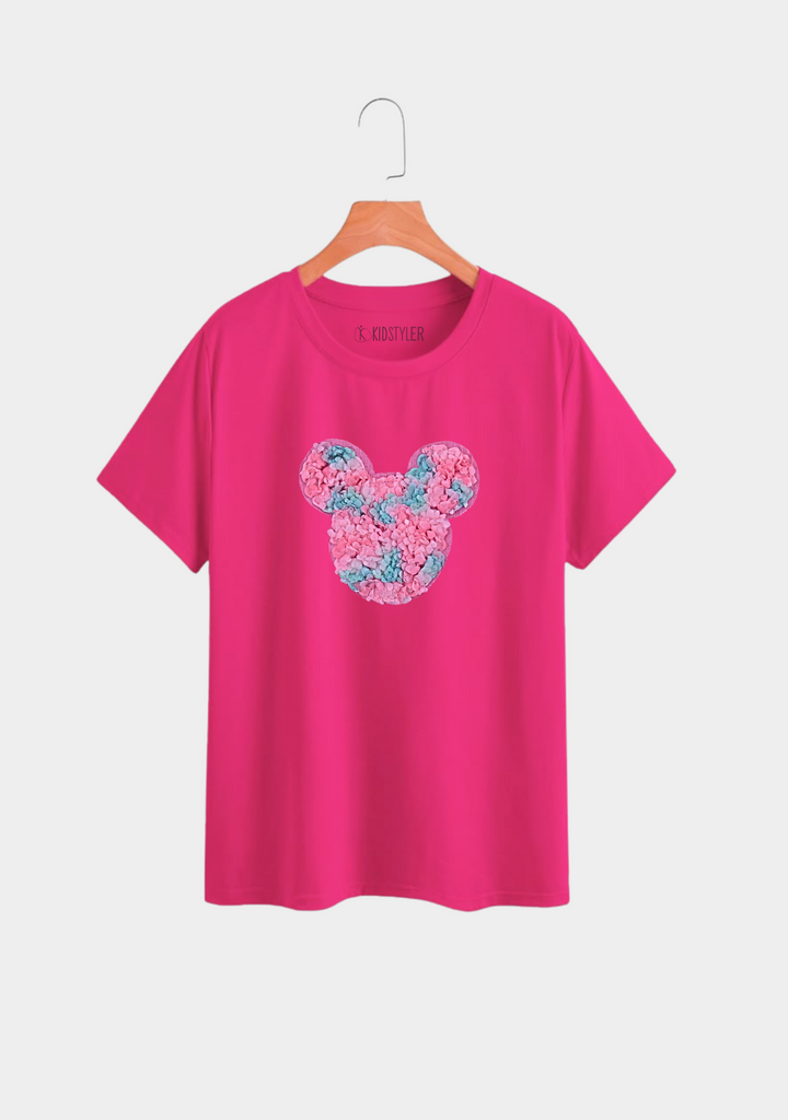 Pink Plain T Shirt with Mickey Cute Patch-Front