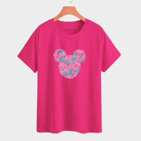 Pink Plain T Shirt with Mickey Cute Patch-Front