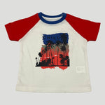 white with red sleeves shirt