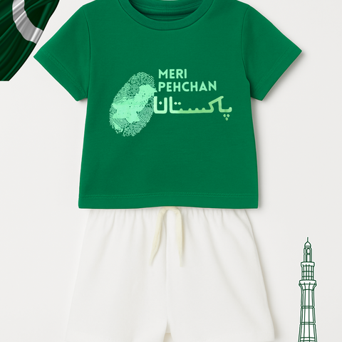Meri Pehchan Pakistan Green Shirt & White Short – Kids Azadi Outfit