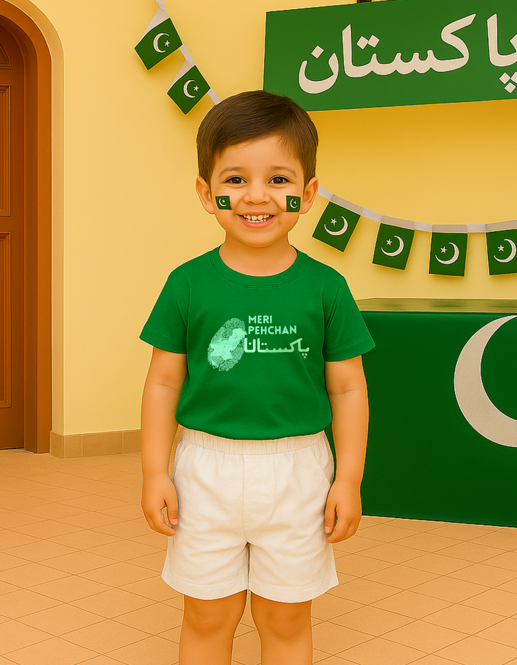 Meri Pehchan Pakistan Green Shirt & White Short – Kids Azadi Outfit
