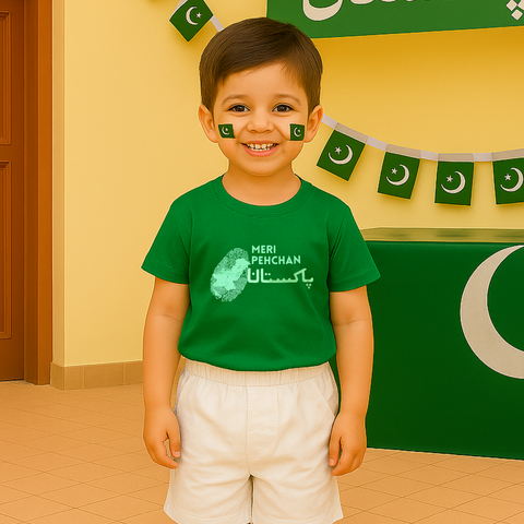 Meri Pehchan Pakistan Green Shirt & White Short – Kids Azadi Outfit