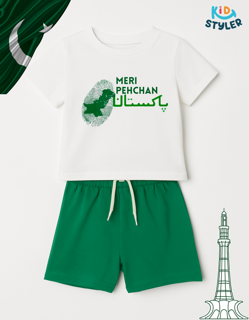 Meri Pehchan Pakistan White Shirt & Green Short – Kids Azadi Outfit
