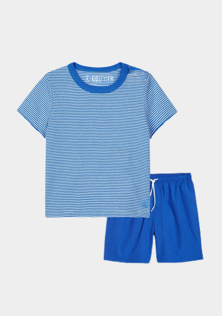 Plain Blue Stirp Tee &  Short Set