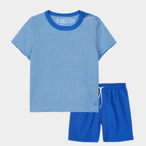 Plain Blue Stirp Tee &  Short Set