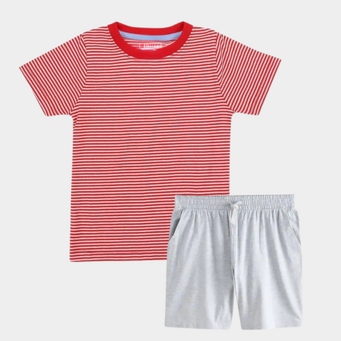Plain Red Strip Tee &  Short Set