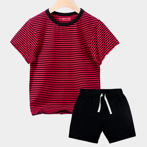 Plain Black Strip Tee &  Short Set