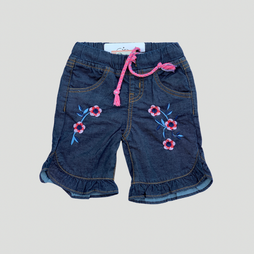 Blue Tail Flower Sift Denim  Embroidered Short