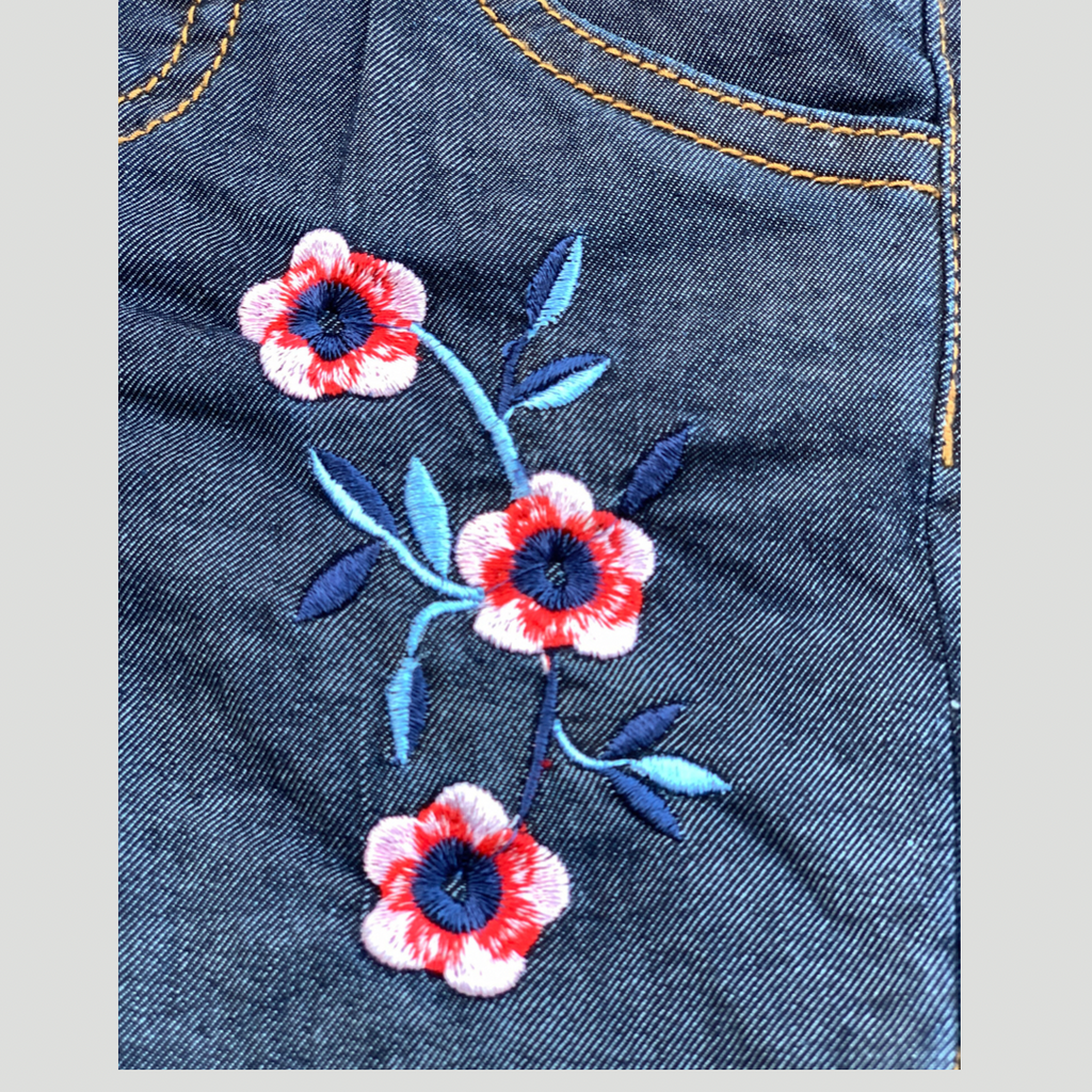 Blue Tail Flower Sift Denim  Embroidered Short