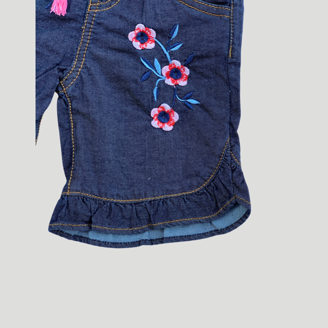 Blue Tail Flower Sift Denim  Embroidered Short